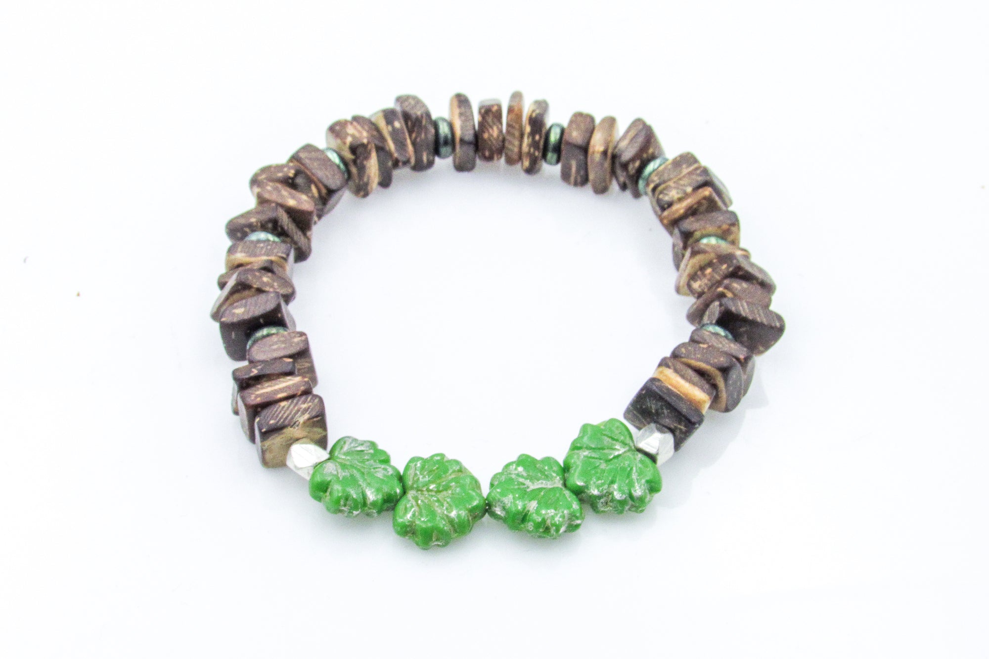Green Leaves and Coconut Beads Stretch Bracelet Bracelets Oh, Heart!