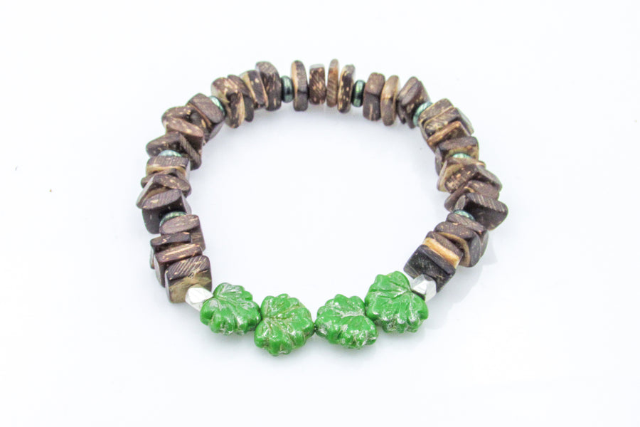 Green Leaves and Coconut Beads Stretch Bracelet Bracelets Oh, Heart!