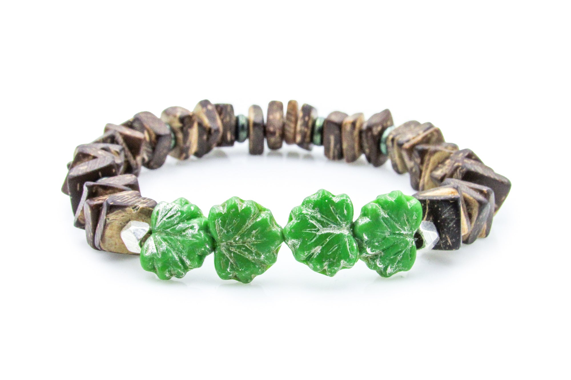 Green Leaves and Coconut Beads Stretch Bracelet Bracelets Oh, Heart!