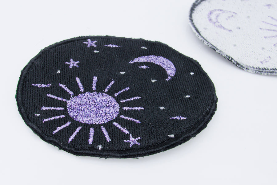 Purple Metallic Sun and Moon Embroidered Iron On Patch