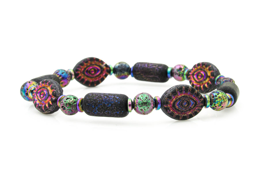 Goth Iridescent Mystic Eye Czech Glass & Hematite Stretch Bracelet
