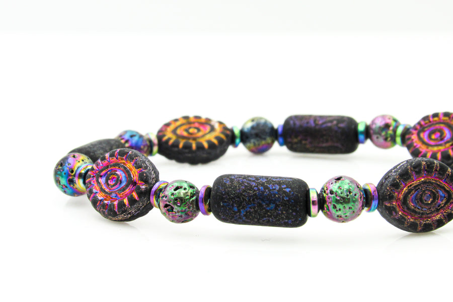 Goth Iridescent Mystic Eye Czech Glass & Hematite Stretch Bracelet