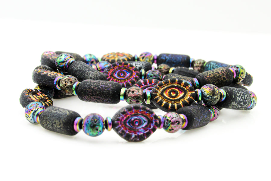 Goth Iridescent Mystic Eye Czech Glass & Hematite Stretch Bracelet