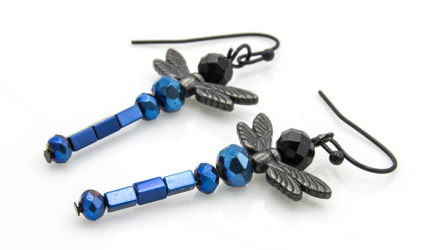 Beaded Blue and Black Dragonfly Dangle Earrings