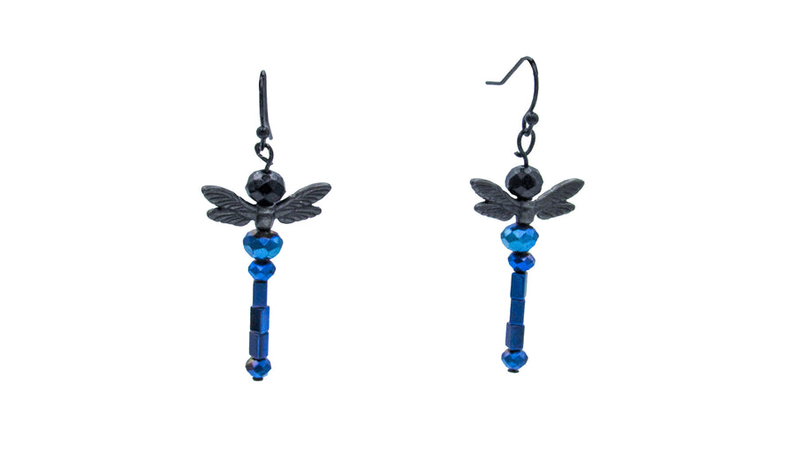 Beaded Blue and Black Dragonfly Dangle Earrings
