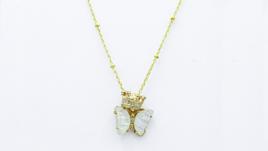 Butterfly Enamel Charm with Crown Satellite Chain Necklace