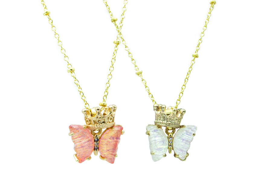 Butterfly Enamel Charm with Crown Satellite Chain Necklace
