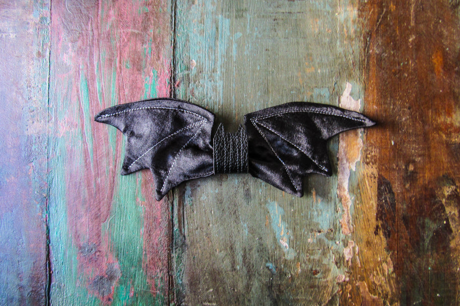 Brushed Black Satin Bat Shaped Bow Tie