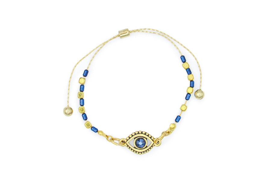 Gold and Blue Evil Eye Adjustable Slide Bracelet