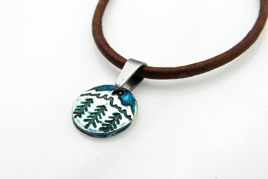 Forest and Mountains Enamel Charm On Leather Necklace