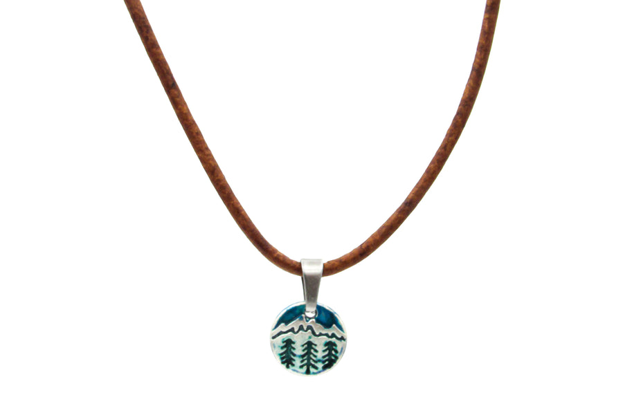 Forest and Mountains Enamel Charm On Leather Necklace