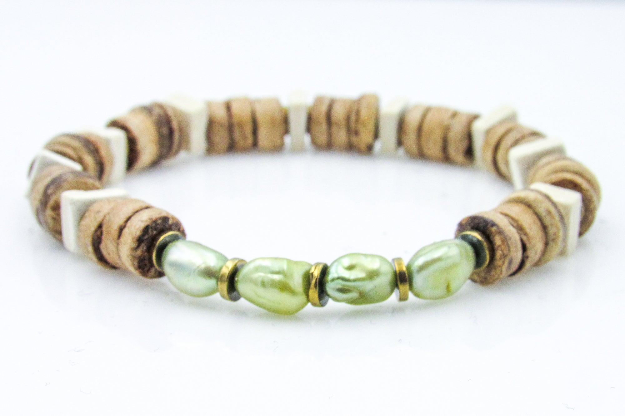 Green Pearls and Coconut Beads Stretch Bracelet Bracelets Oh, Heart!
