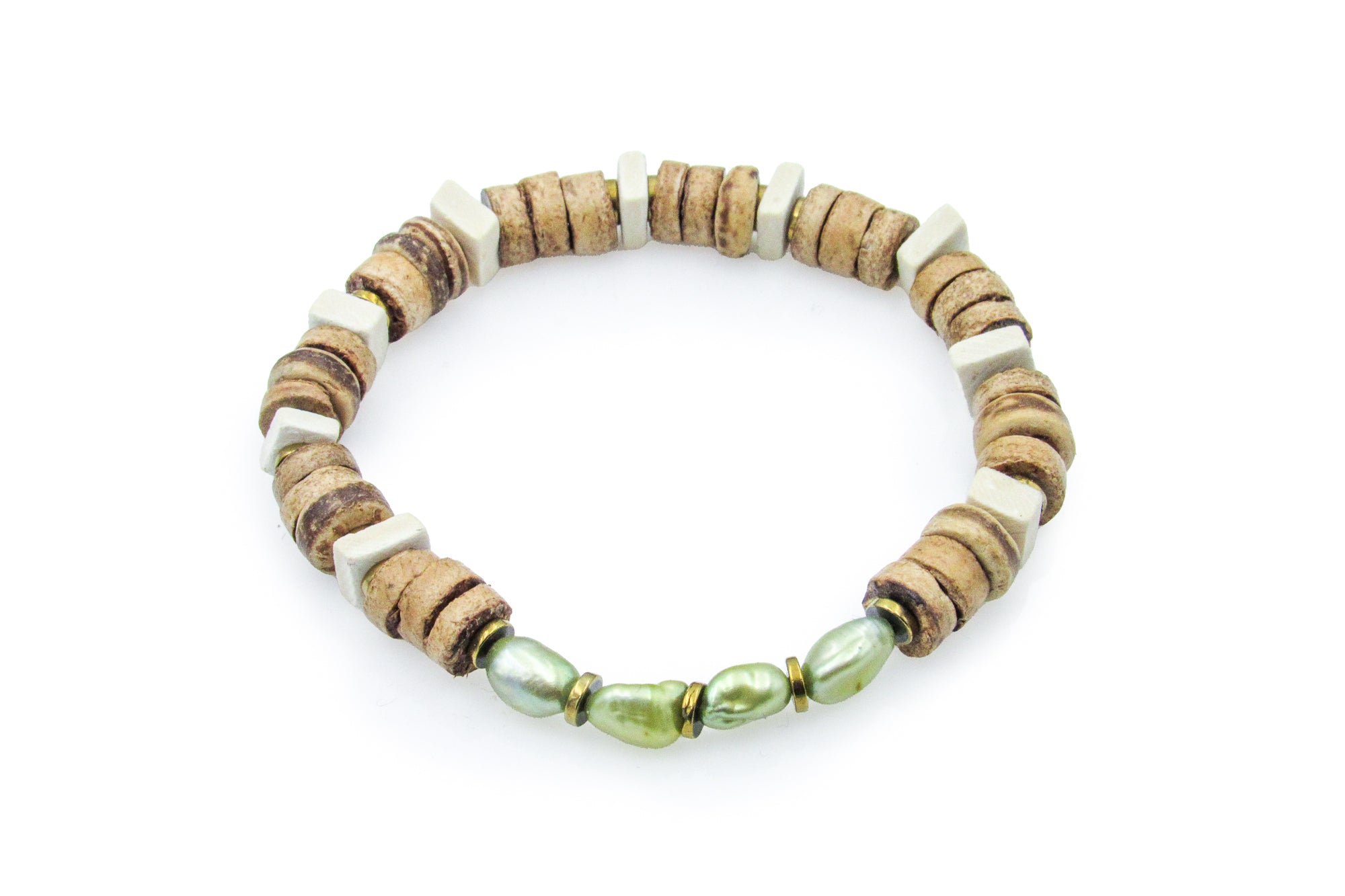 Green Pearls and Coconut Beads Stretch Bracelet Bracelets Oh, Heart!