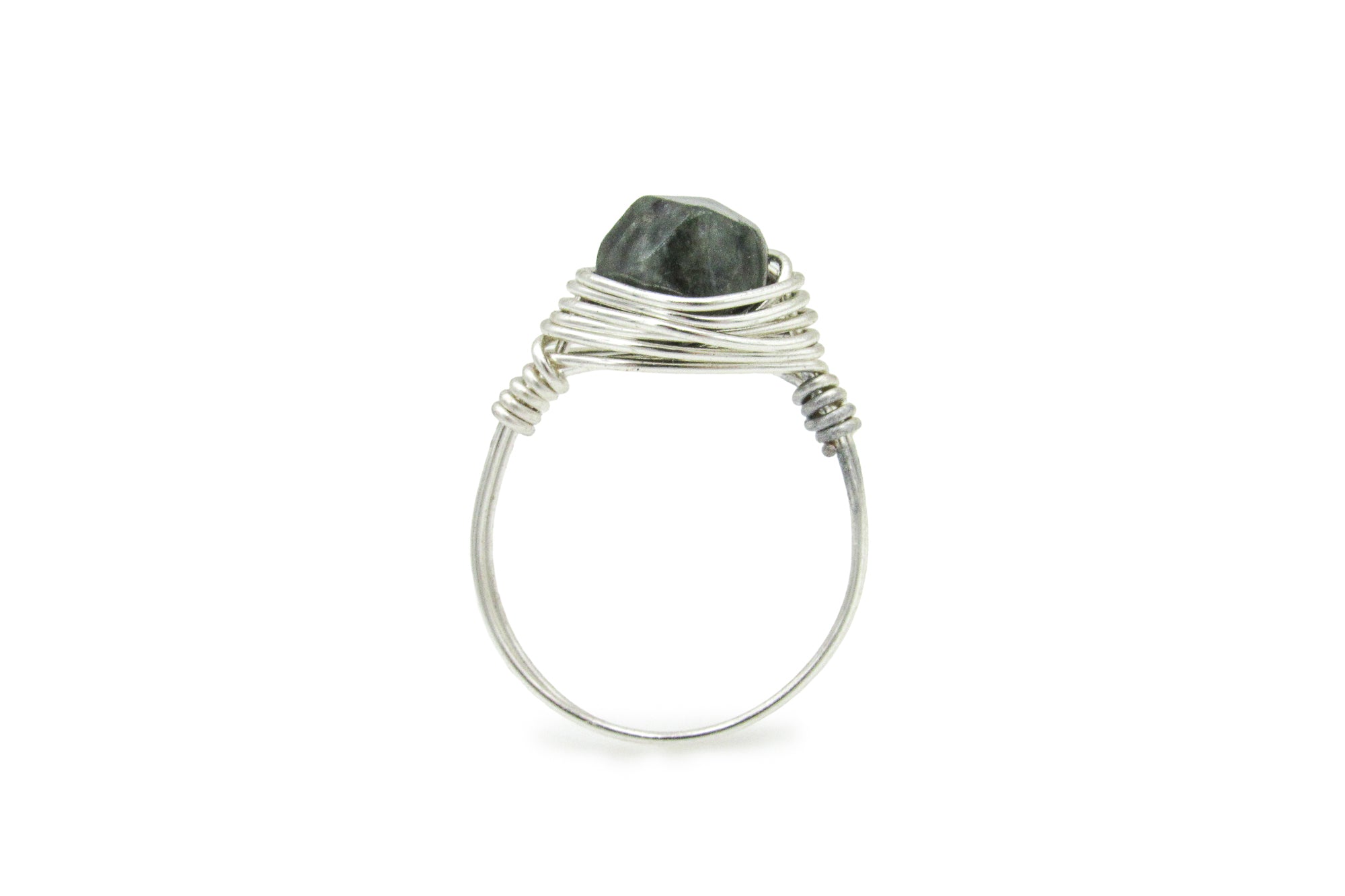 Green jade faceted beads in a silver wire wrapped ring