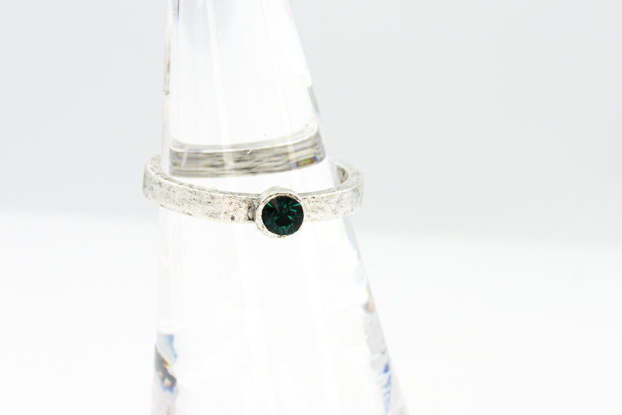 Hammered Antique Silver Ring With Bright Green Crystal Rhinestone