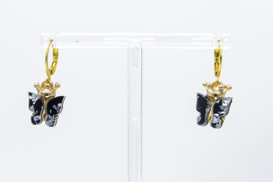 Glittery Resin Butterfly and Crown Charm Earrings