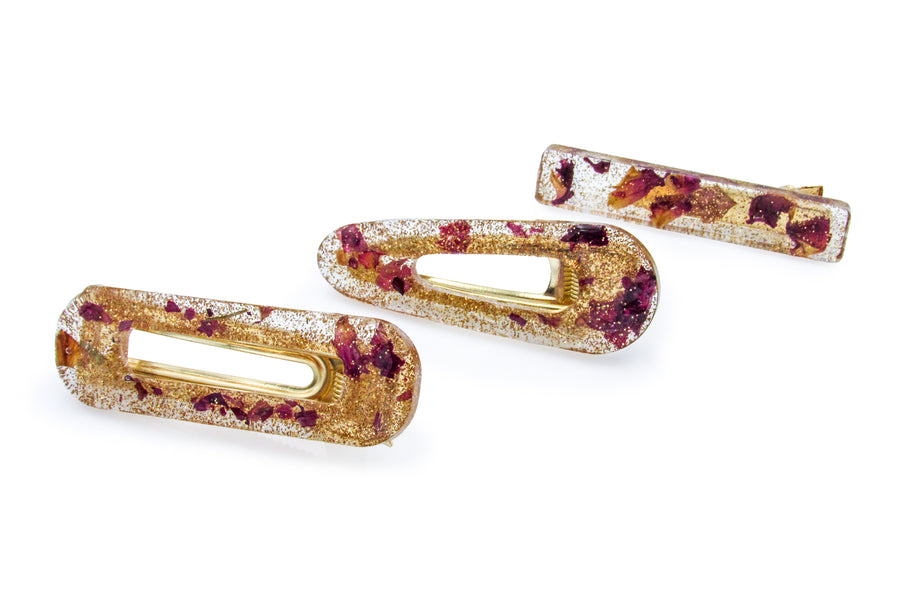 Rose Petals and Rose Gold Glitter Acrylic Resin Barrettes