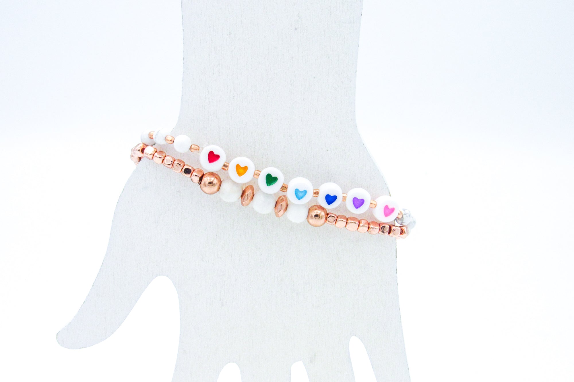 Rose Gold and Rainbow Hearts Stacked Stretch Bracelets Bracelets Oh, Heart!