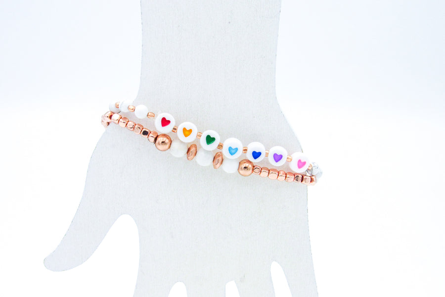 Rose Gold and Rainbow Hearts Stacked Stretch Bracelets Bracelets Oh, Heart!