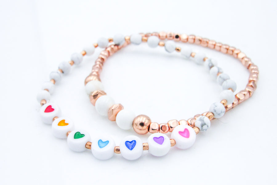 Rose Gold and Rainbow Hearts Stacked Stretch Bracelets Bracelets Oh, Heart!