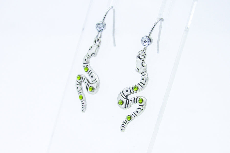 Silver Snake with Green Rhinestones Dangle Earrings Earrings Oh, Heart!