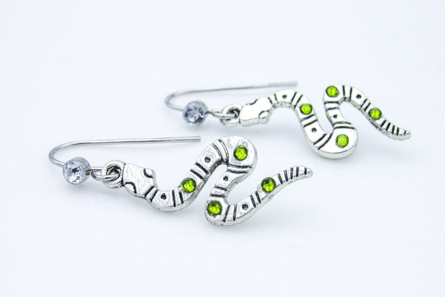 Silver Snake with Green Rhinestones Dangle Earrings Earrings Oh, Heart!