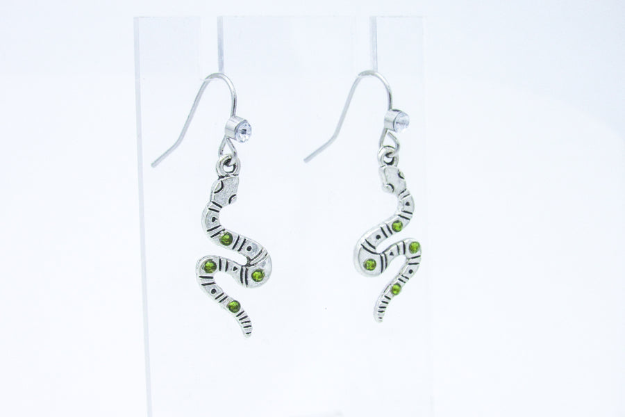 Silver Snake with Green Rhinestones Dangle Earrings Earrings Oh, Heart!