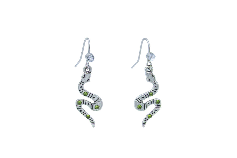 Silver Snake with Green Rhinestones Dangle Earrings Earrings Oh, Heart!