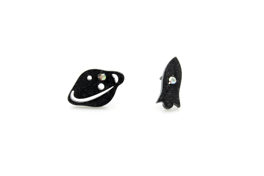 Planet and Rocket Ship Black Stud Earrings