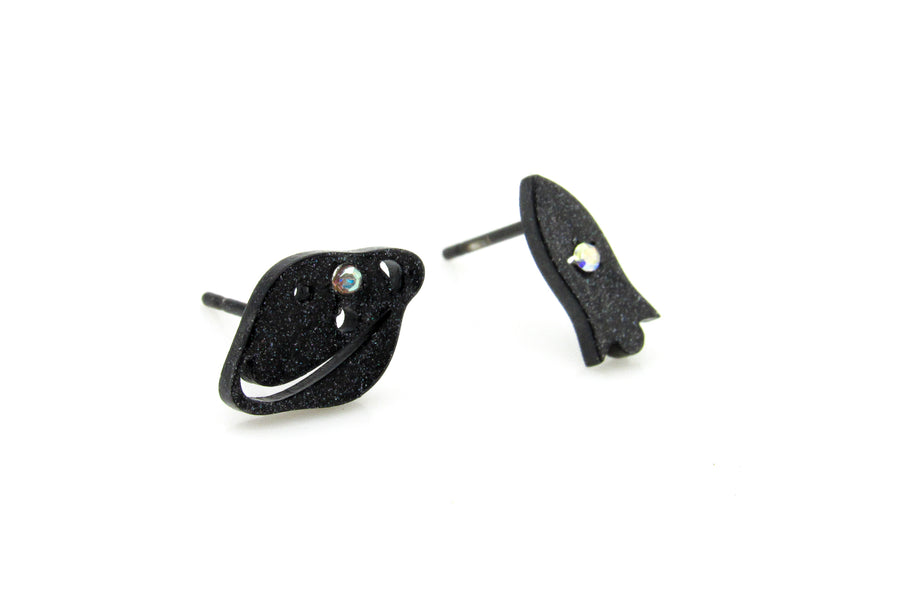 Planet and Rocket Ship Black Stud Earrings