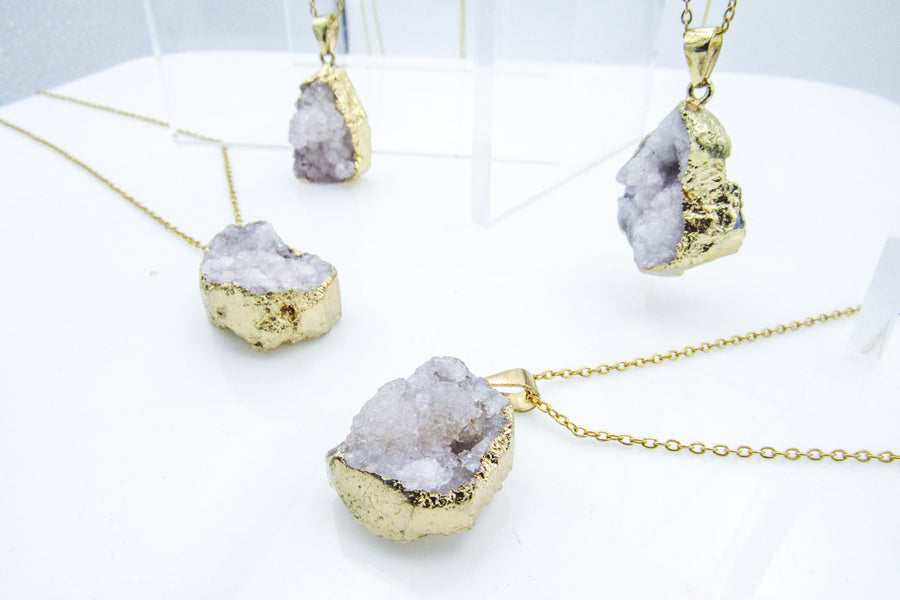 White Smoke Druzy Agate Crystal Pendant Necklaces