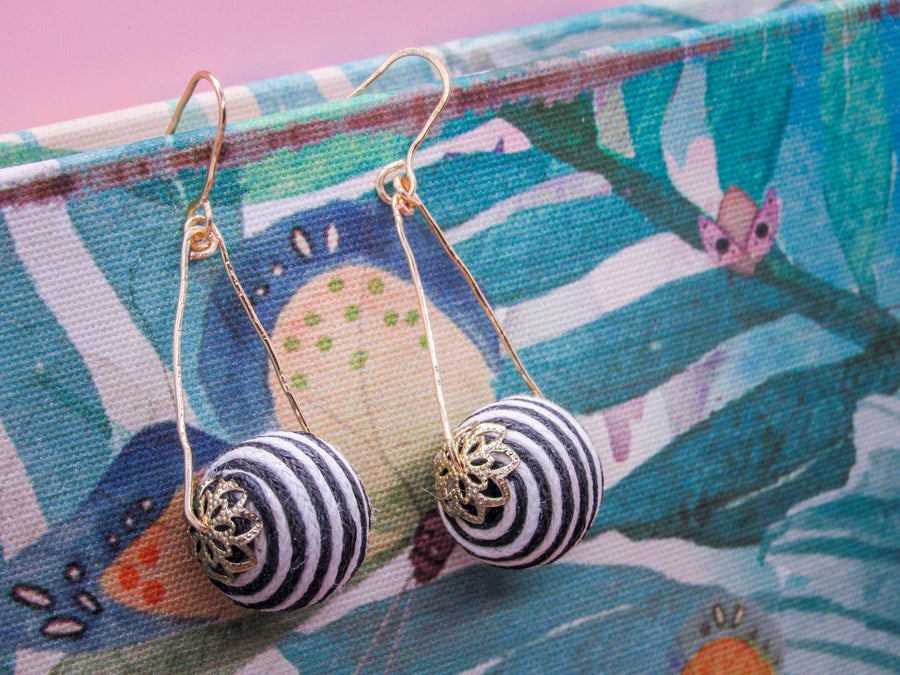 Black and White Striped Bead and Hammered Gold Dangle Earring •  Earrings • Oh, Heart!