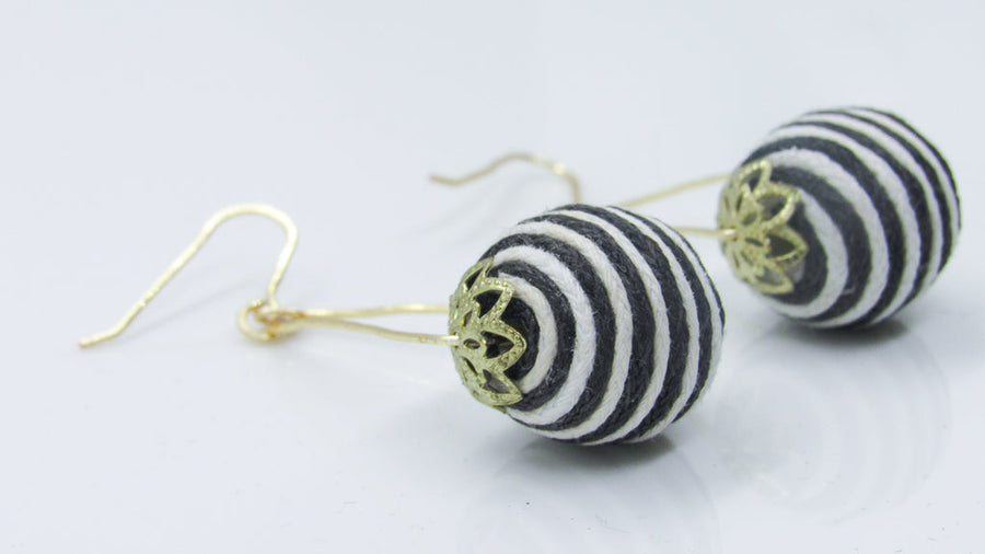 Black and White Striped Bead and Hammered Gold Dangle Earring •  Earrings • Oh, Heart!