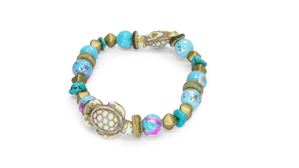 Bright Blue Beads and White Carved Turtle Stretch Bracelet •  Bracelets • Oh, Heart!