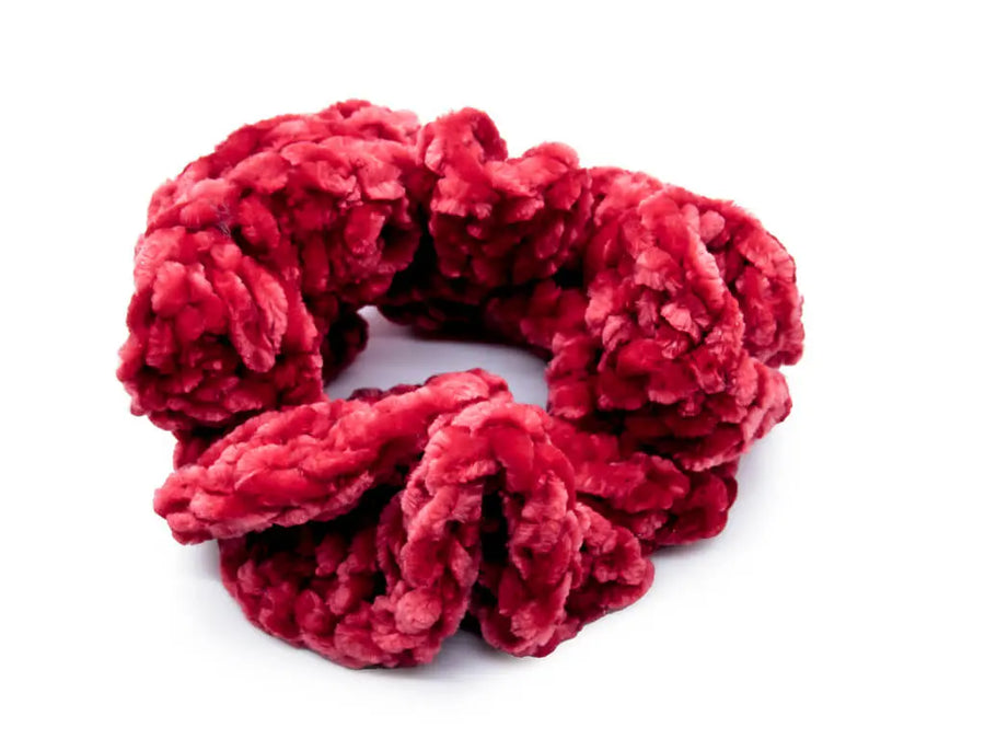 Bright red velvet crochet scrunchie