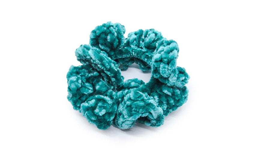 Bright green velvet crochet scrunchie