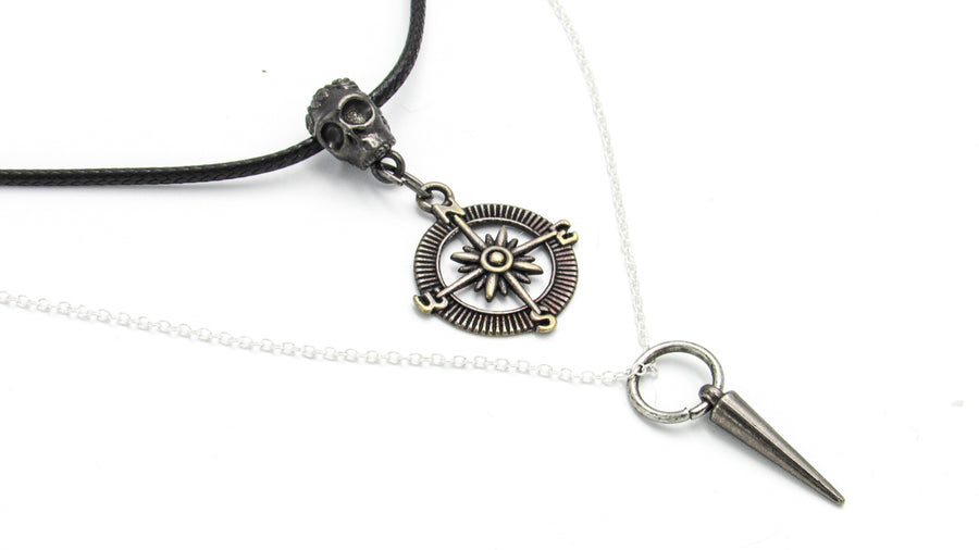 Black Skull, Compass and Spike Double Strand Necklace Set •  Necklaces • Oh, Heart!