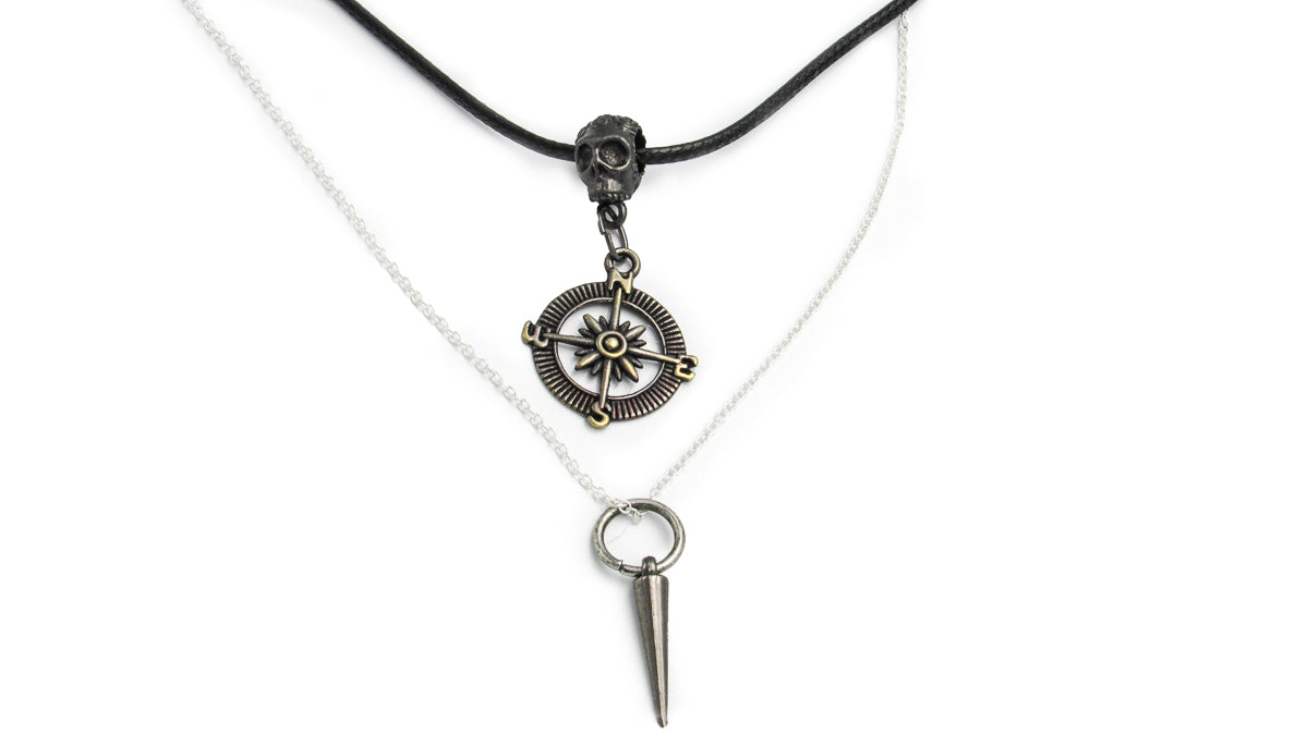 Black Skull, Compass and Spike Double Strand Necklace Set •  Necklaces • Oh, Heart!