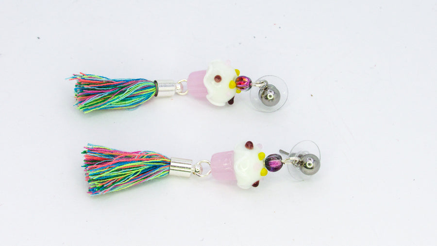 Cupcake Dangle Earrings with Rainbow Tassel •  Earrings • Oh, Heart!