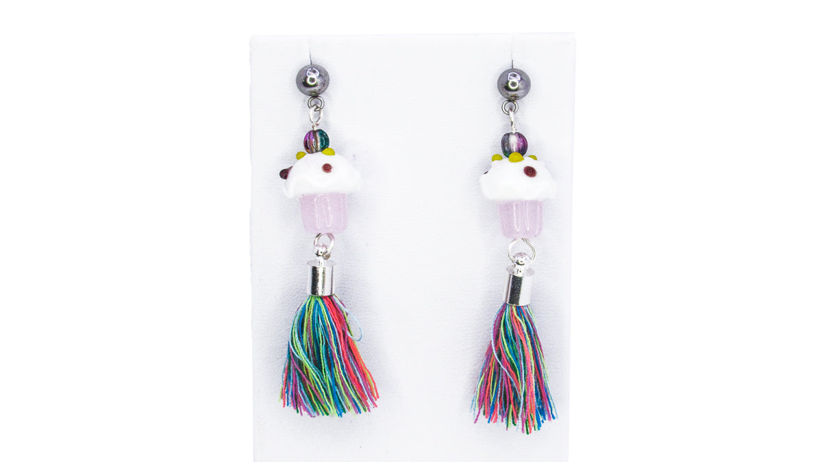 Cupcake Dangle Earrings with Rainbow Tassel •  Earrings • Oh, Heart!