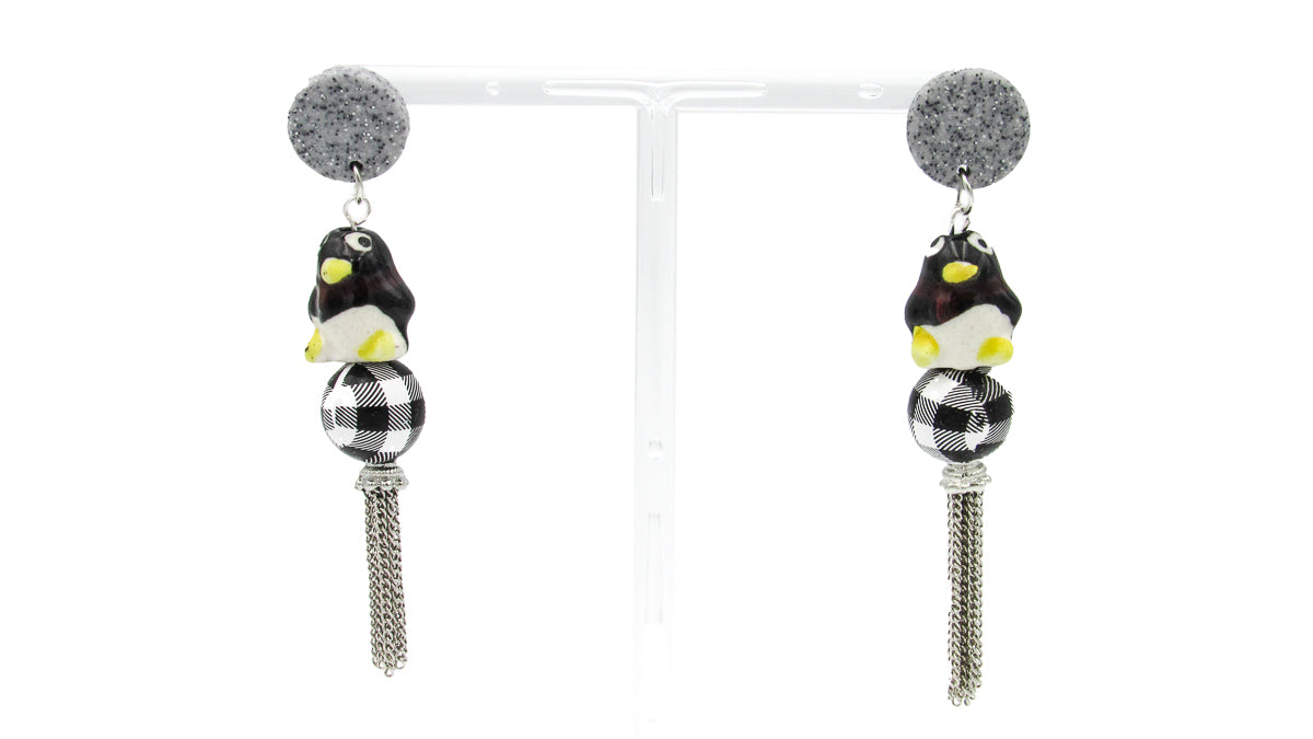 Penguin Dangle Earrings With Plaid Bead and Silver Tassels •  Earrings • Oh, Heart!
